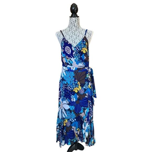 Trina Turk Found In Translation Kaciee Wrap Midi Dress Blue Multi Size 6-8 M - Picture 4 of 12